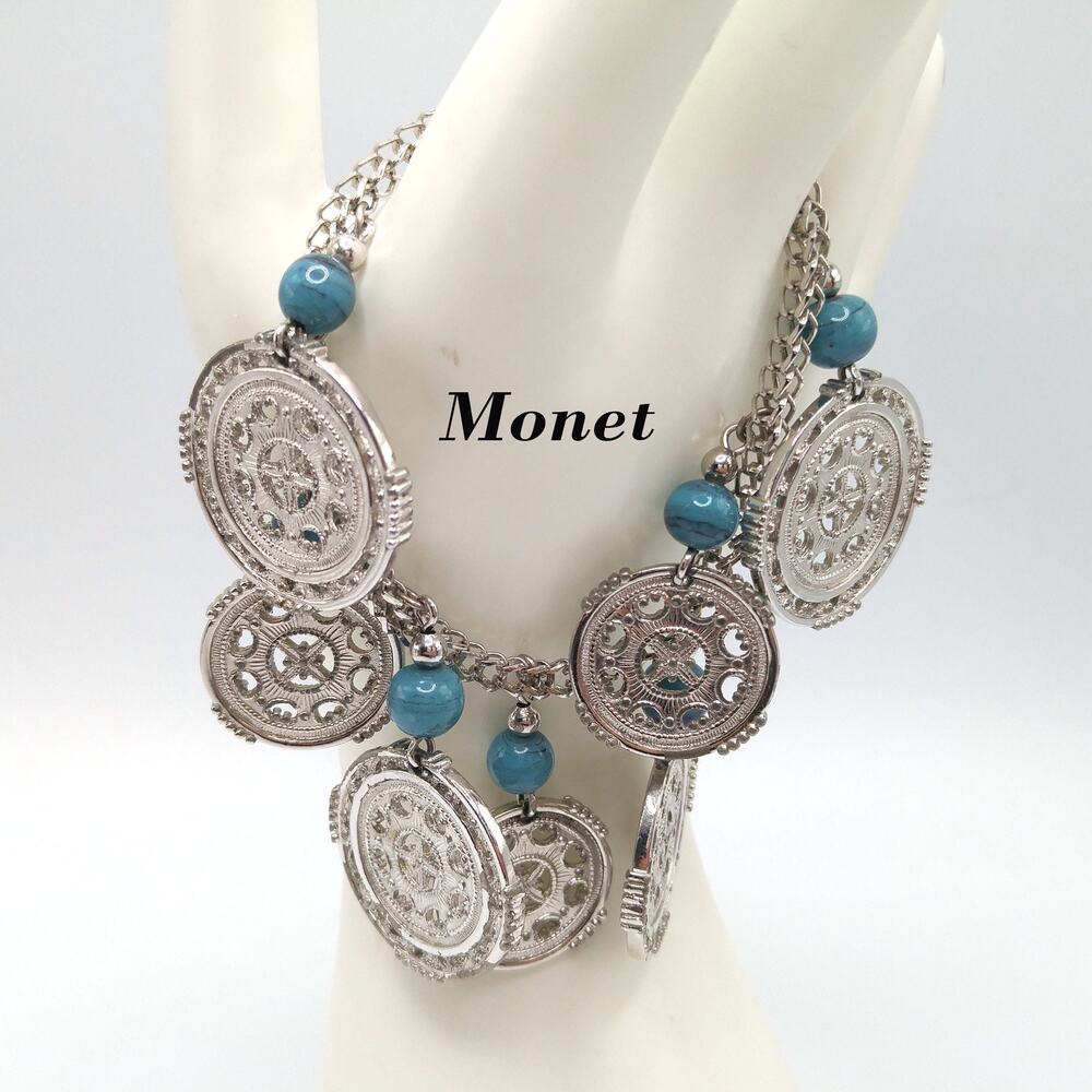 Vintage MONET Charm Bracelet Faux Turquoise Medallions Silver Tone